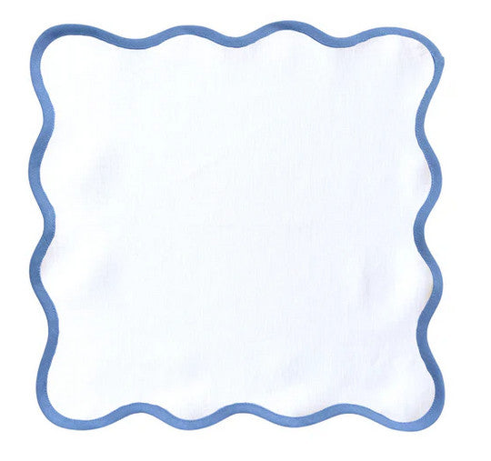 Linen Scalloped Square | Lily White with Cornflower Blue Trim