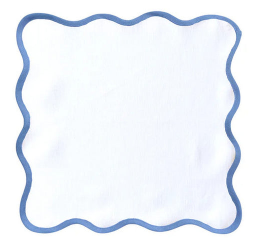 Linen Scalloped Square | Lily White with Cornflower Blue Trim