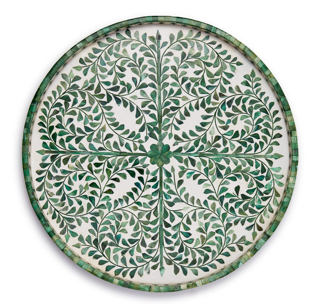 Grn/Wht Inlaid Decorative Round Serving Tray