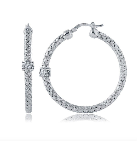 Sterling Silver 35mm Mesh CZ Hoop Earrings