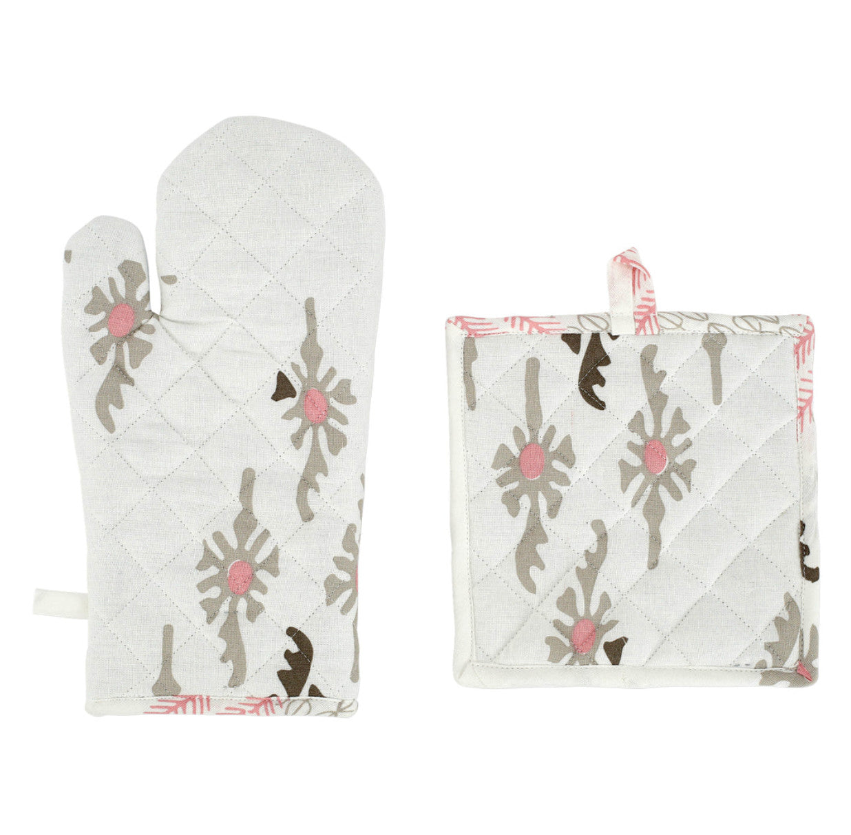 Bohemian Linens Gray/Pink Oven Mitt & Pot Holder