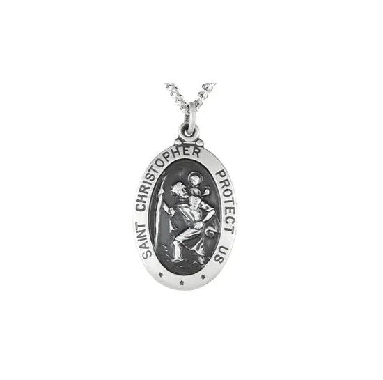 Sterling Silver 25x18 mm Oval St. Christopher 24" Necklace