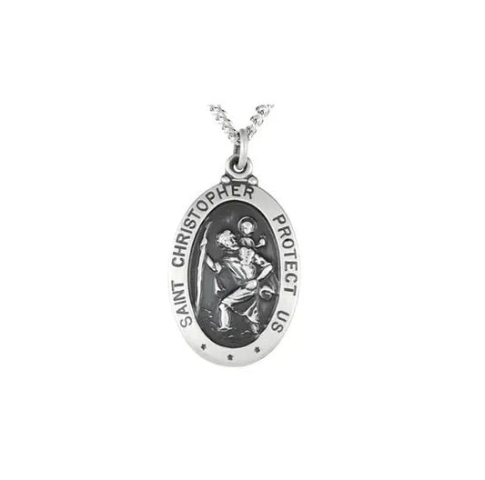Sterling Silver 25x18 mm Oval St. Christopher 24" Necklace