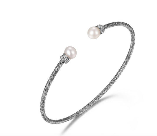 Sterling Silver 2mm Mesh Cuff with Freshwater Pearl and CZ