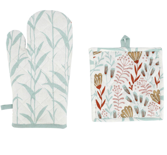 Bohemian Linens Aqua/Mustard Oven Mitt and Pot Holder