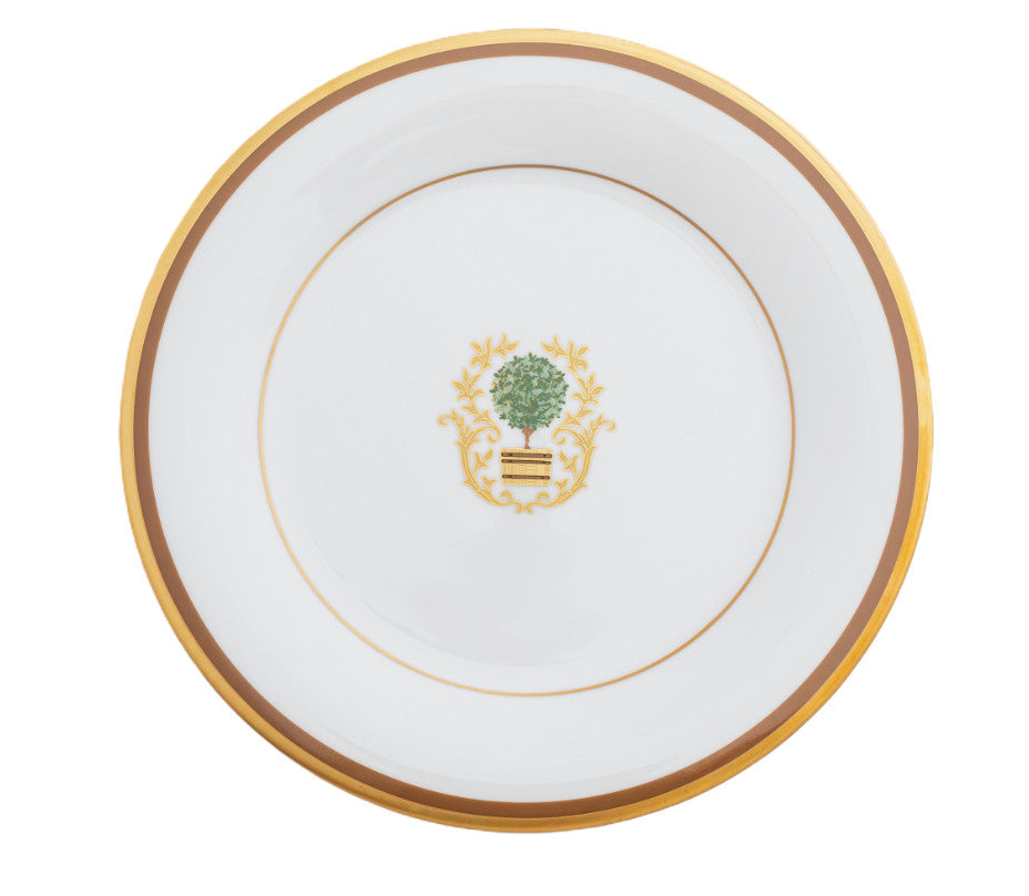 Charlotte Moss Topiary White Motif on Center Well Brown & Gold Salad Plate