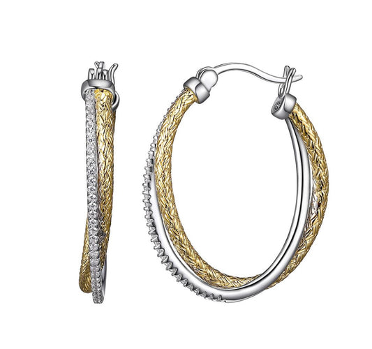 Crossed Mesh Oval CZ Sterling Silver and 18K Yellow Gold Finish Earrings
