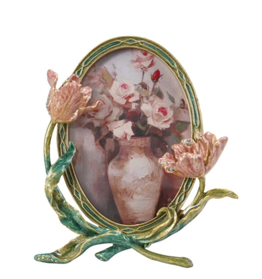 Enameled Metal Photo Frame w/ 3D Flowers