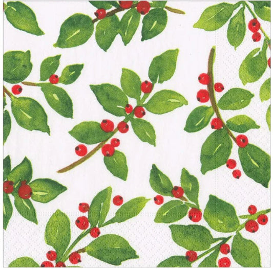 Painted Holly White Recycled Cocktail Napkin