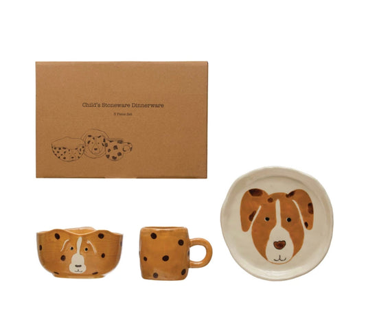 Hand-Painted Stoneware Plate w/ Dog, 4 oz. Mug w/ Spots & Bowl w/ Dog