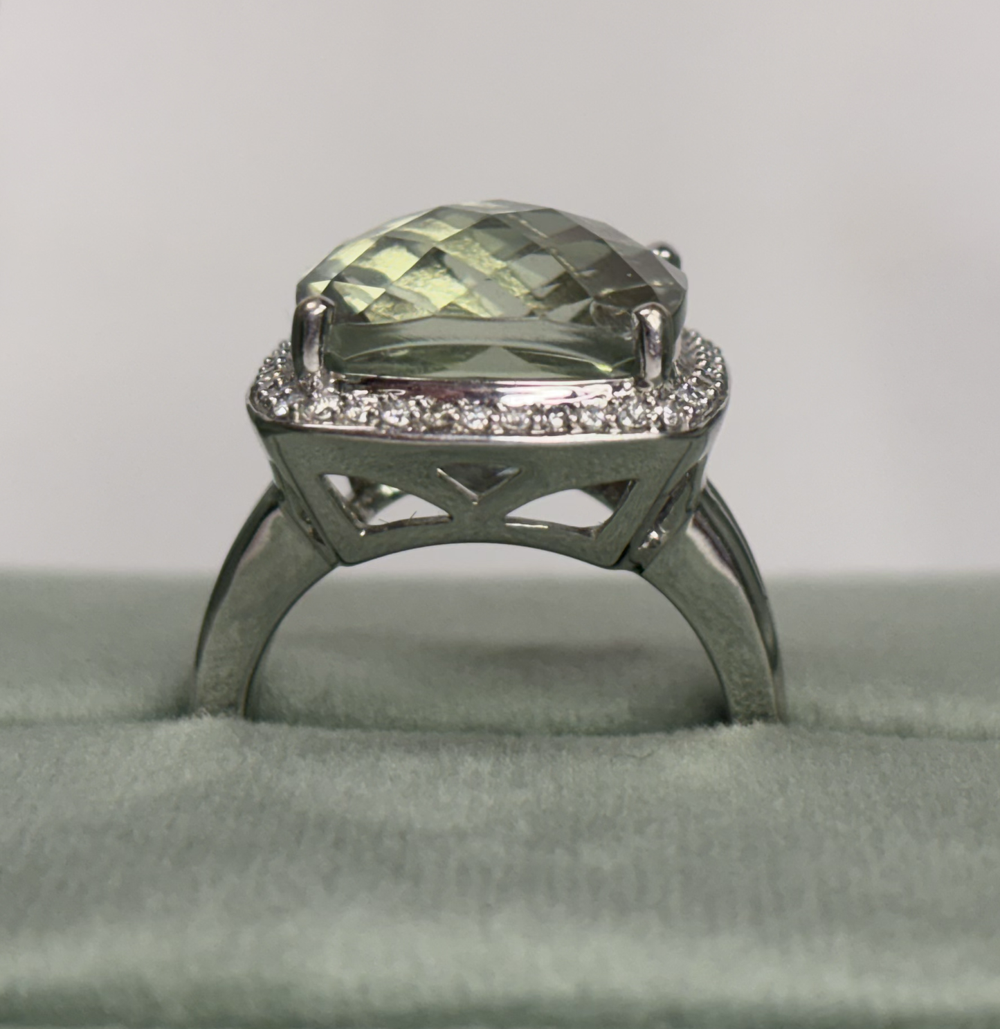 14k WG 10ct Checkerboard Cushion Prasiolite Amethyst &.2 tow Diamond 9.4g