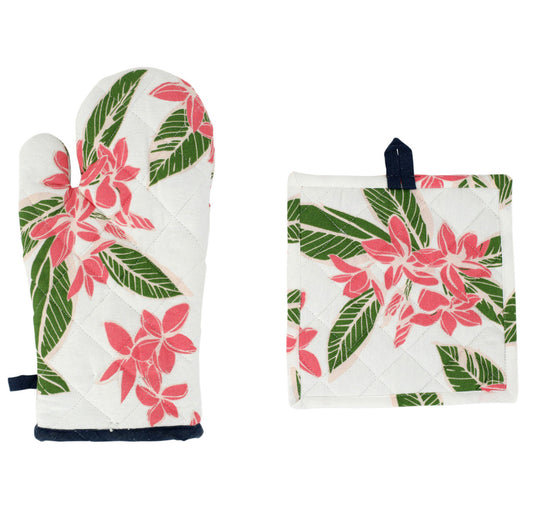 Bohemian Linens Navy/Pink Oven Mitt and Pot Holder