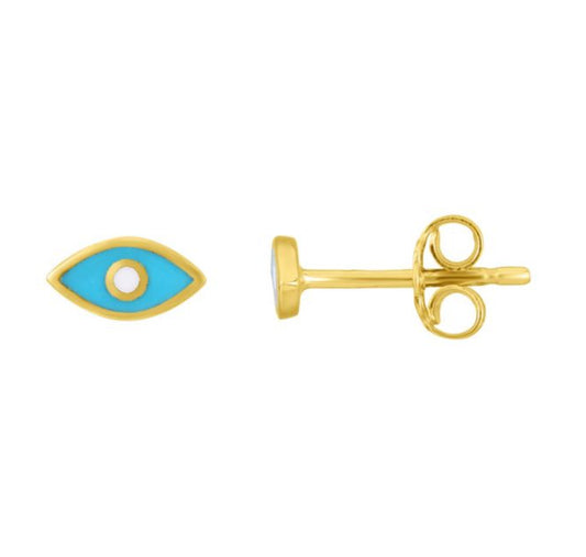 14K Gold Evil Eye Blue Enamel Stud Earring