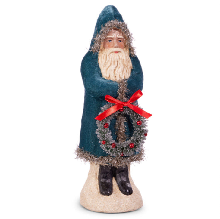 12" Blue Velvet Santa with Wreath