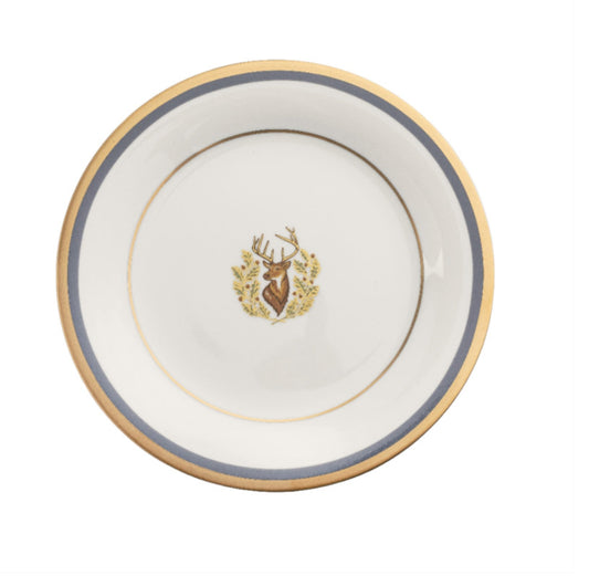 Charlotte Moss Stag White Motif Bread & Butter Gold & Gray-Blue Band