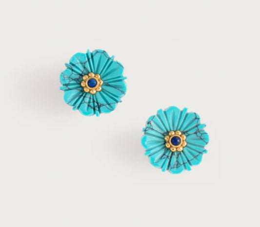 Milos Carved Stone Flower Stud Earrings, Turquoise