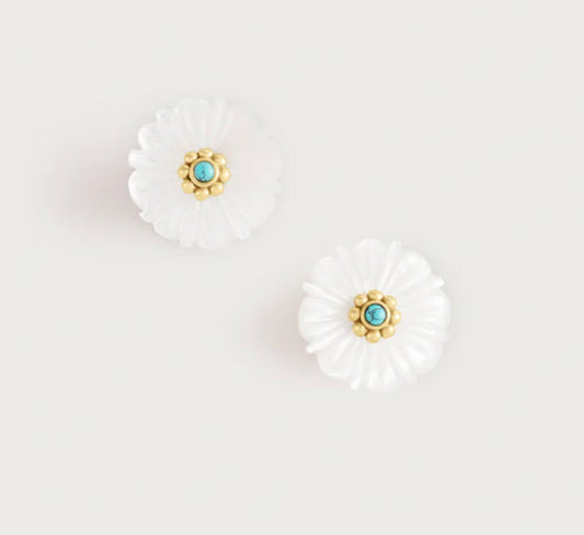 Milos Carved Stone Flower Stud Earrings, Pearl