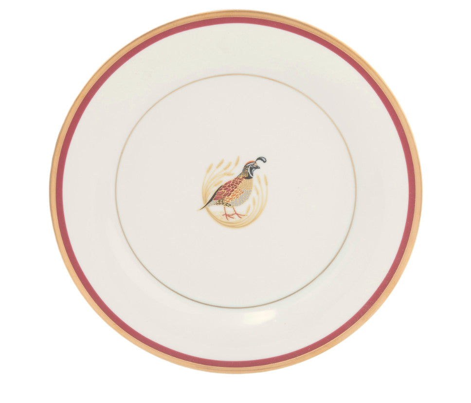 Charlotte Moss Quail White Motif Center Well Red & Gold Salad Plate