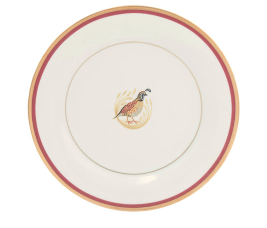 Charlotte Moss Quail White Motif Center Well Red & Gold Salad Plate