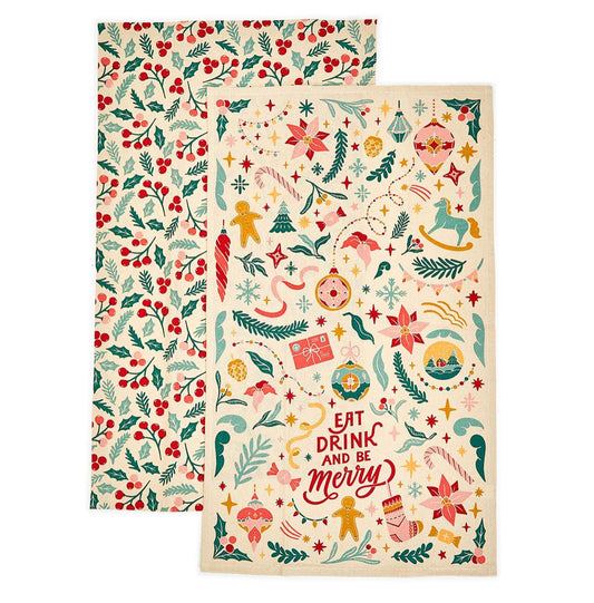 Be Merry Set of 2 Vintage Christmas Dish Towels